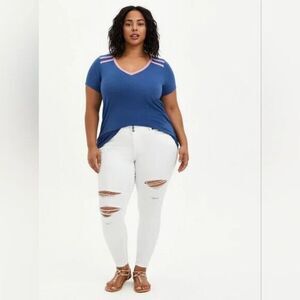 Torrid Varsity Stripes Short Sleeve V-Neck T-Shirt Size 1X Jersey Blue Pink